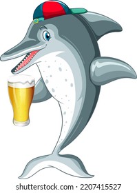 Dolphin cartoon character drinking beer illustration