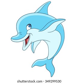Dolphin. Cartoon character isolated on white background. Colorful design for kids activity book, coloring page, colouring picture. Vector illustration for children.