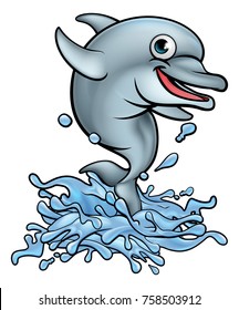 A dolphin cartoon character jumping out of the water making a big splash