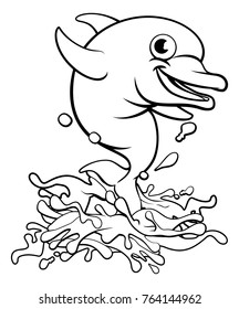 A dolphin cartoon character jumping out of the water making a big splash outline coloring illustration