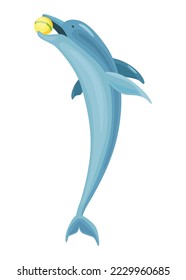 Dolphin cartoon character. Ocean mammal in motion. Vector illustration of sea life blue fish or wild nature animal isolated on white