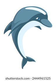 Dolphin cartoon character. Ocean mammal in motion isolated on white. Wild nature animal. Vector illustration of sea life blue fish