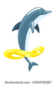 Dolphin cartoon character. Ocean mammal in motion isolated on white. Wild nature animal. Vector illustration of sea life blue fish