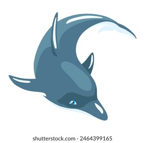 Dolphin cartoon character. Ocean mammal in motion isolated on white. Wild nature animal. Vector illustration of sea life blue fish