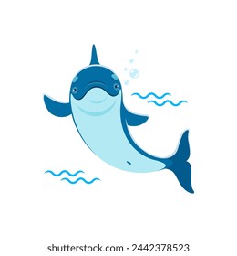 Dolphin cartoon character waving Hello with fin, funny sea or ocean animal, vector kids mascot. Cute dolphin swimming on waves and greeting with fin and bubbles for child t-shirt or nursery design