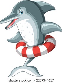 Dolphin cartoon character wearing inflatable ring illustration