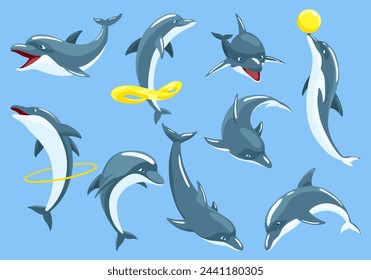 Dolphin cartoon characters set isolated on white. Sea life blue fish or wild nature animals in different poses. Vector illustration of ocean mammal in motion