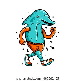 Dolphin. Cartoon turquoise dolphin with sneakers on white background isolated. Stock Vector Illustration.