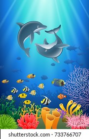 dolphin cartoon with underwater view and coral background. Vector Illustration.