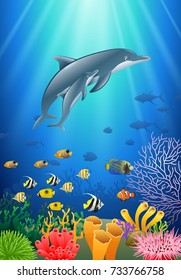 dolphin cartoon with underwater view and coral background. Vector Illustration.