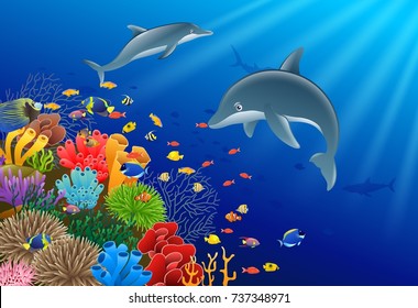 Dolphin cartoon with underwater view and coral background. Vector Illustration.