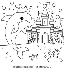 Dolphin and Castle Coloring Page. Funny animal illustration colouring 