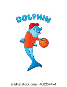 Dolphin character vector mascot design. Dolphin playing with a basketball in a cap and a T-shirt.