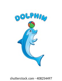 Dolphin character vector mascot design. Dolphin playing with a ball.