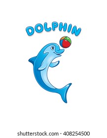 Dolphin character vector mascot design. Dolphin playing with a ball.