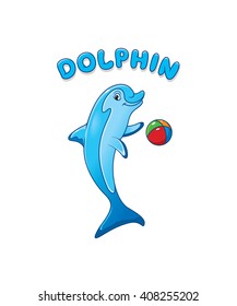 Dolphin character vector mascot design. Dolphin playing with a ball.