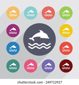 dolphin circle, flat icons set. Round colorful buttons 