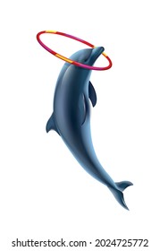 Dolphin circus realistic composition with jumping dolphin holding hoop on head vector illustration