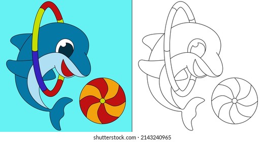 Dolphin circus suitable for children's coloring page vector illustration