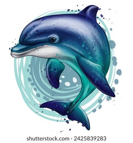 Dolphin. A color, graphic image of a dolphin in watercolor style on a white background. Digital vector graphics