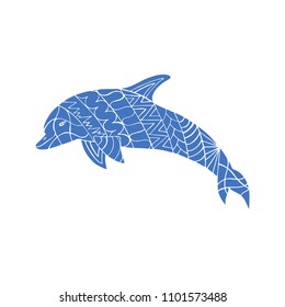 Dolphin colorful doodle with abstract pattern. Vector illustration.