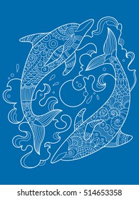 Dolphin coloring book for adults vector illustration. Anti-stress coloring for adult. Tattoo stencil. Zentangle style. Black and white lines. Lace pattern