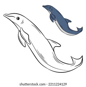 Página Coloración de Delfines. Diseño de esquema de página de color de la ilustración del vector blanco y negro para niños.
