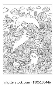 Dolphin coloring page or book for kids or adults. Sea and ocean wildlife on the ornamental wave background.