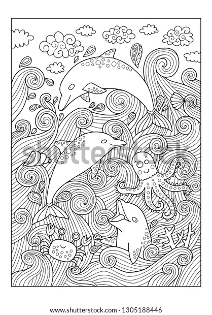 Download Dolphin Coloring Page Book Kids Adults Stock Vector Royalty Free 1305188446