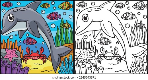 Dolphin Coloring Page Colored Illustration