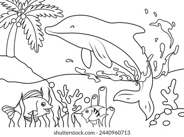 Dolphin Coloring Page Colored Illustration. Printable Coloring book Outline black and white. 