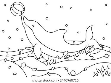 Dolphin Coloring Page Colored Illustration. Printable Coloring book Outline black and white. 