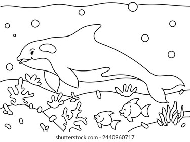 Dolphin Coloring Page Colored Illustration. Printable Coloring book Outline black and white. 