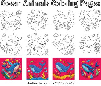 Dolphin coloring Page for Kids. Ocean animals friendly cartoon characters collection