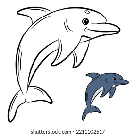 Dolphin coloring page line for kids. Black and White vector illustration for a coloring book page.