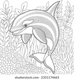 Dolphin coloring page. Outline sea design in mandala and zentangle style