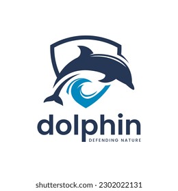 Dolphin combination logo set on water and coral reef. It is suitable for use as a marine conservation logo.