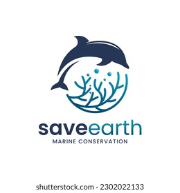 Dolphin combination logo set on water and coral reef. It is suitable for use as a marine conservation logo.