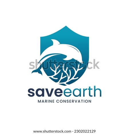 Dolphin combination logo set on water and coral reef. It is suitable for use as a marine conservation logo.