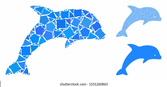 Dolphin composition of abrupt items in variable sizes and color tones, based on dolphin icon. Vector inequal dots are united into composition. Dolphin icons collage with dotted pattern.