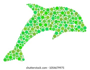 Dolphin composition of dots in different sizes and fresh green shades. Vector circle elements are united into dolphin mosaic. Ecological design concept.