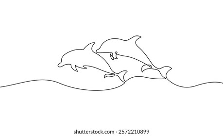 Dolphin Continuous Line Drawing. Couple of Dolphins Vector Continuous Single Line Art Isolated on White Background. Dolphins Swim Minimalism Hand Drawn Style. Minimalist Sketch Contour Art. Not AI