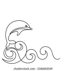 Dolphin Continuous line drawing. Sea animal and waves. Hand-drawn vector illustration. Copy space for text.