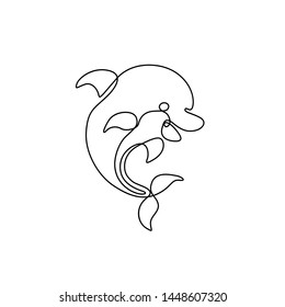 Dolphin continuous line drawing, tattoo, print and logo design, silhouette single line on a white background, isolated vector illustration. 