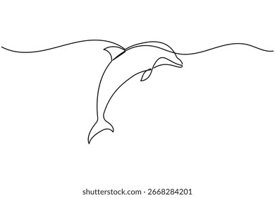 Ilustración de contorno de estilo minimalista de dibujo continuo de una línea de delfines sobre fondo blanco