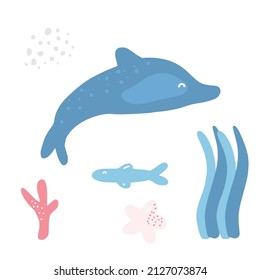 Dolphin, corals, algae, starfish. Sea life illustration. Cute cartoon character. Colorful nursery kids nautical marine design element