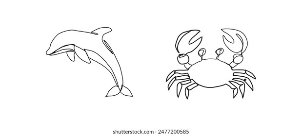 Dolphin und Krabbe durchgehende Einzeilenzeichnung, Einzelzeilenelement, minimalistische Skizzenlinien-Vektorillustration, Sommerferienkonzept