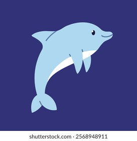 Dolphin, cute marine animal. Happy aquatic fauna, mammal swimming underwater in ocean, under sea water. Adorable kawaii tropical baby fish character undersea. Flat vector illustration