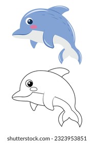 Caricatura de ilustraciones vectoriales delfines lindas aisladas en fondo blanco. Vector delfín colorado e incoloro. Cuta página de coloreo para los niños. 