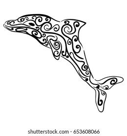 Dolphin decorative ornament. Animal sketch with floral decoration